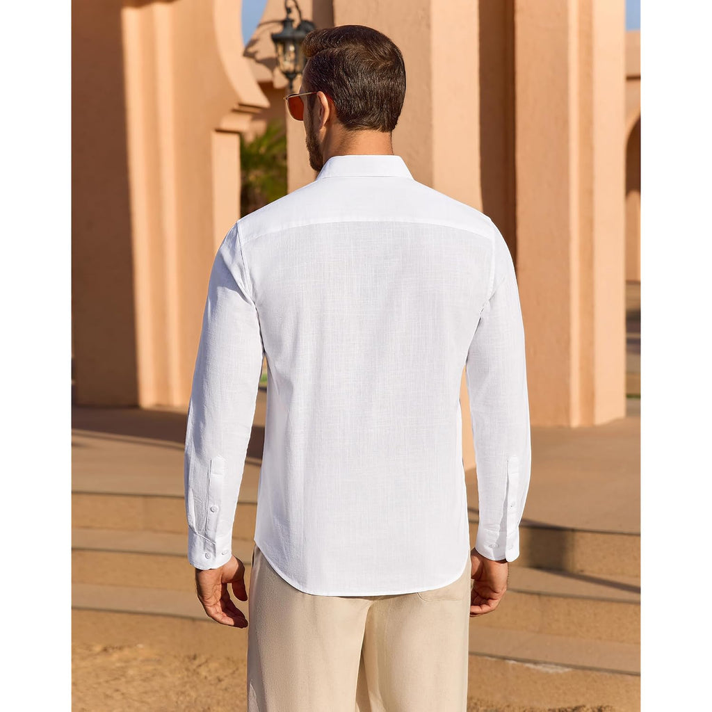 Demeanor Mens Linen Textured Shirt Long Sleeve Casual Cotton Solid Regular Fit Wedding Summer Beach Button Down Shirt