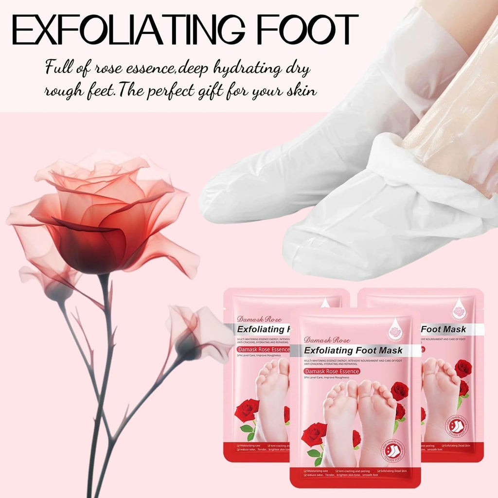 12 Pack Moisturizing Exfoliating hand & foot masks, Deep Hydrate Dry, Cracked Skin, sel care gift for women and men, 6 Pairs Gloves & 6 Socks (Rose Hand & Foot masks(12 Pack))