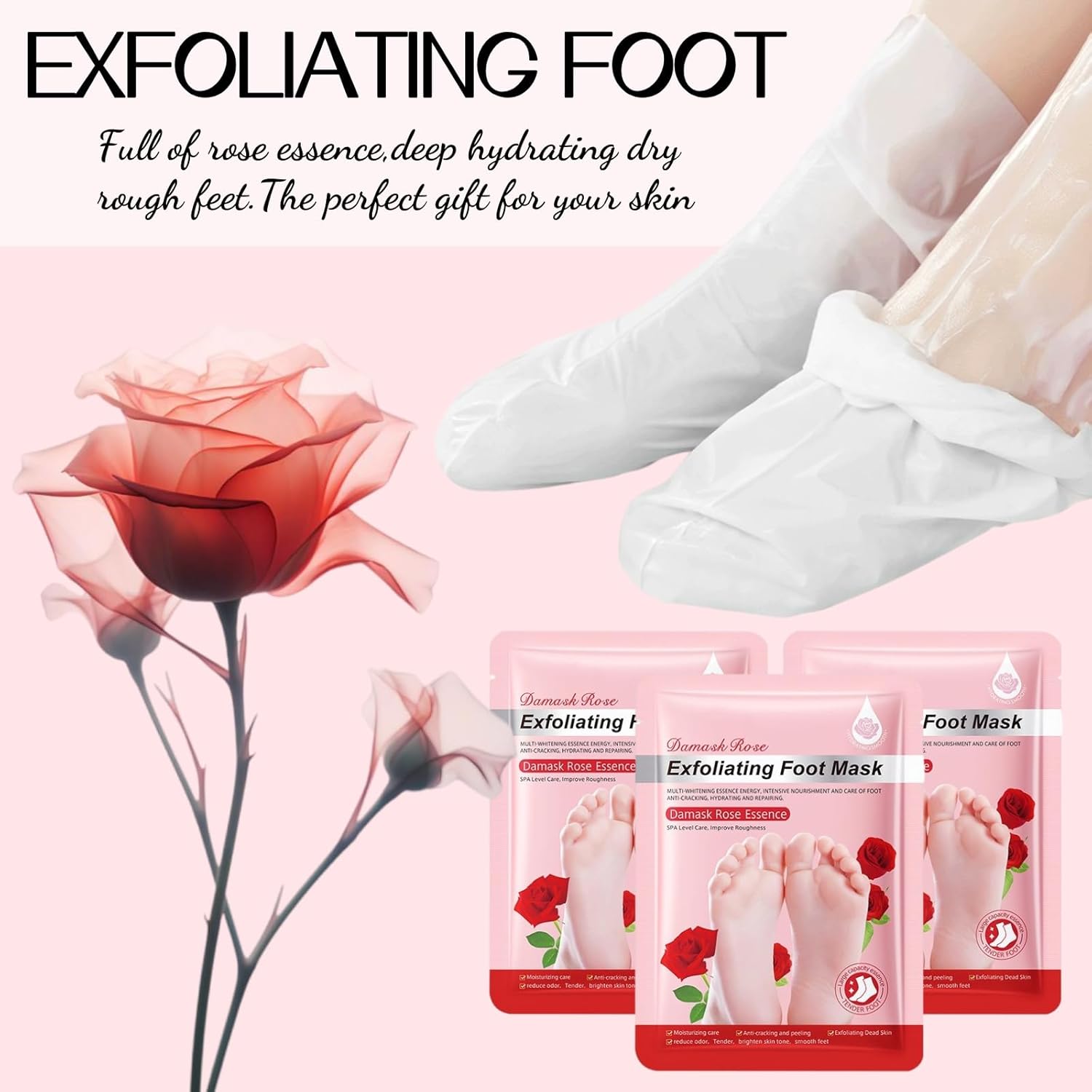 12 Pack Moisturizing Exfoliating hand & foot masks, Deep Hydrate Dry, Cracked Skin, sel care gift for women and men, 6 Pairs Gloves & 6 Socks (Rose Hand & Foot masks(12 Pack))