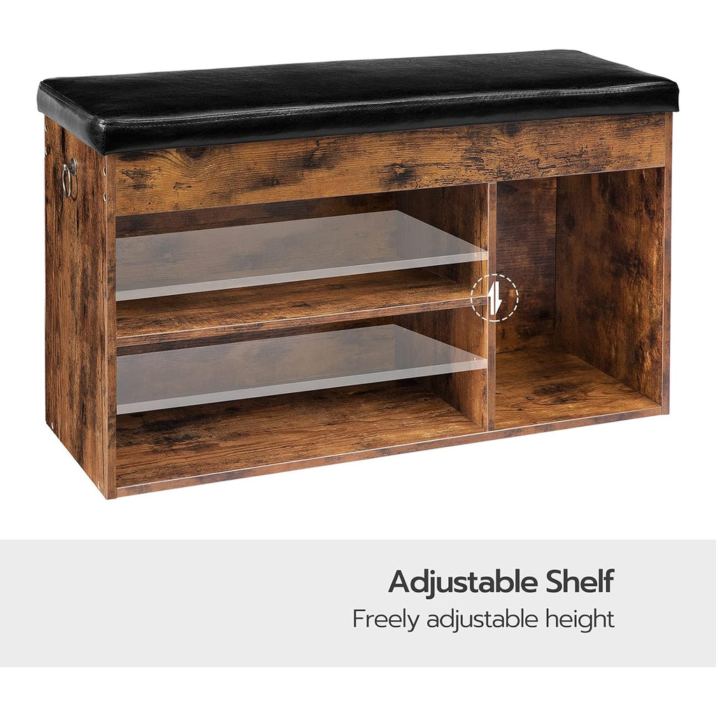 Hoobro Shoe Storage Bench With Cushion, 32.3'' Entryway Bench With Lift Top Hidden Storage And Adjustable Shelves, Wooden Shoe Rack Bench For Entryway Bedroom, Rustic Brown And Black Bf40Hx01