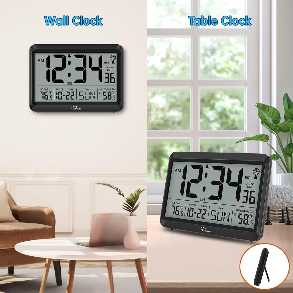 Atomic Clock With Indoor Outdoor Temperature - 8.5'' Digital Clock Battery Operated, Self-Setting, 4 Time Zones, Dst