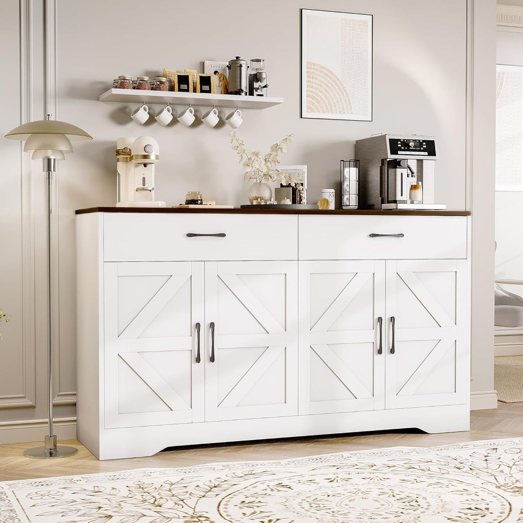 Sideboard Buffet Cabinet With Storage, 55.1" Large Kitchen Storage Sideboard With Drawers & Doors, Modern Wood Farmhouse Coffee Bar Cabinet, Buffet Table For Kitchen, Living Room, White, 55.1Inch