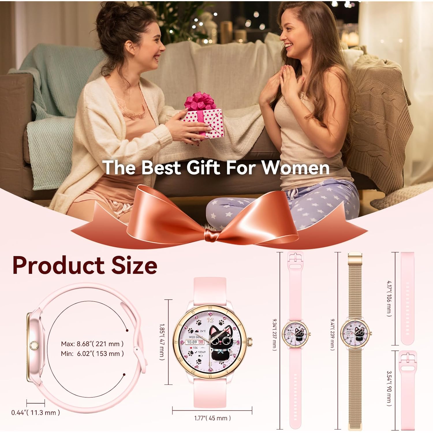 Smart Watches for Women, HD Screen Fitness Tracker 5ATM Waterproof with Bluetooth Make/Answer Calls, Activity Trackers with Heart Rate/Sleep/Female/SpO2 Monitor, Smartwatch for iPhone/Android(2 bands)