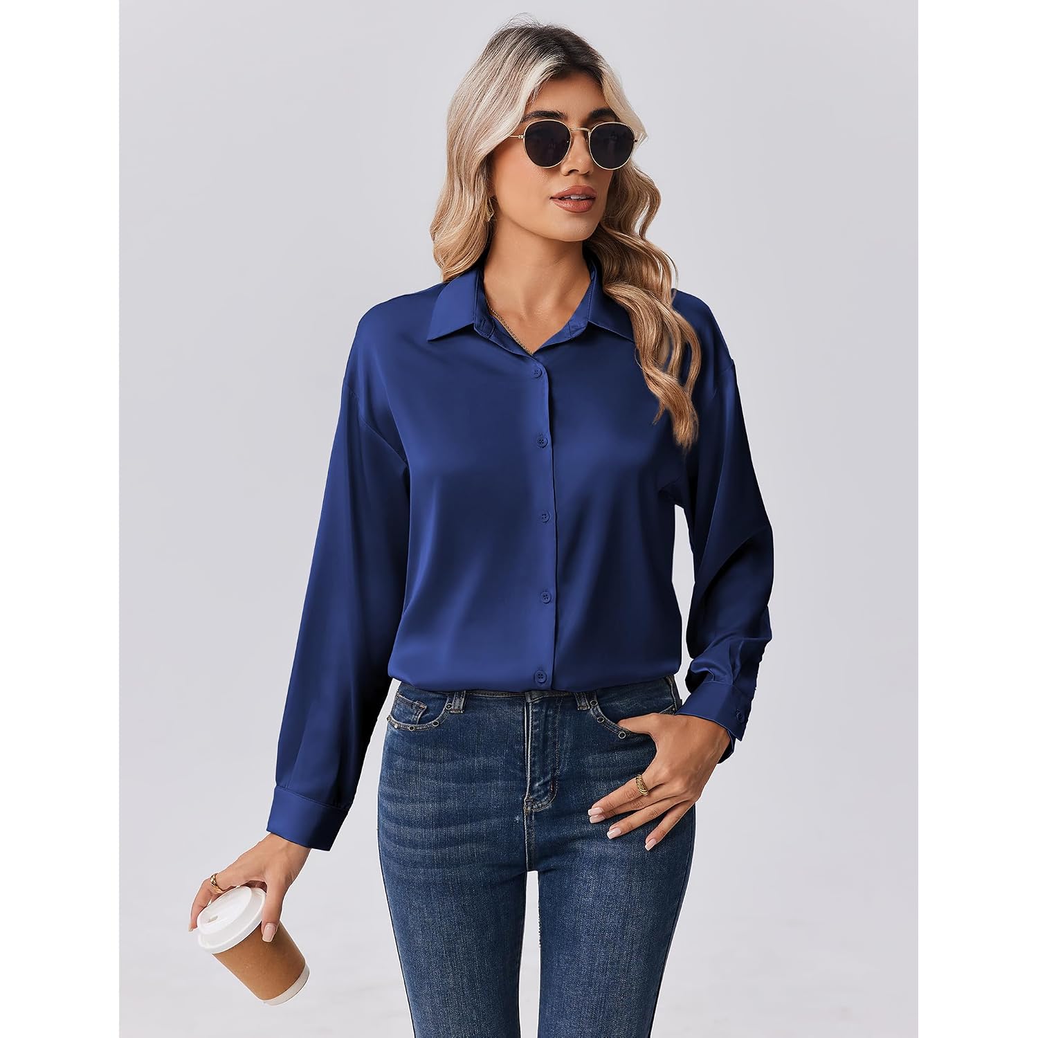Zeagoo Womens Tops Long Sleeve Satin Silk Button Down Shirts Casual Business Dressy Blouses Fall Clothes