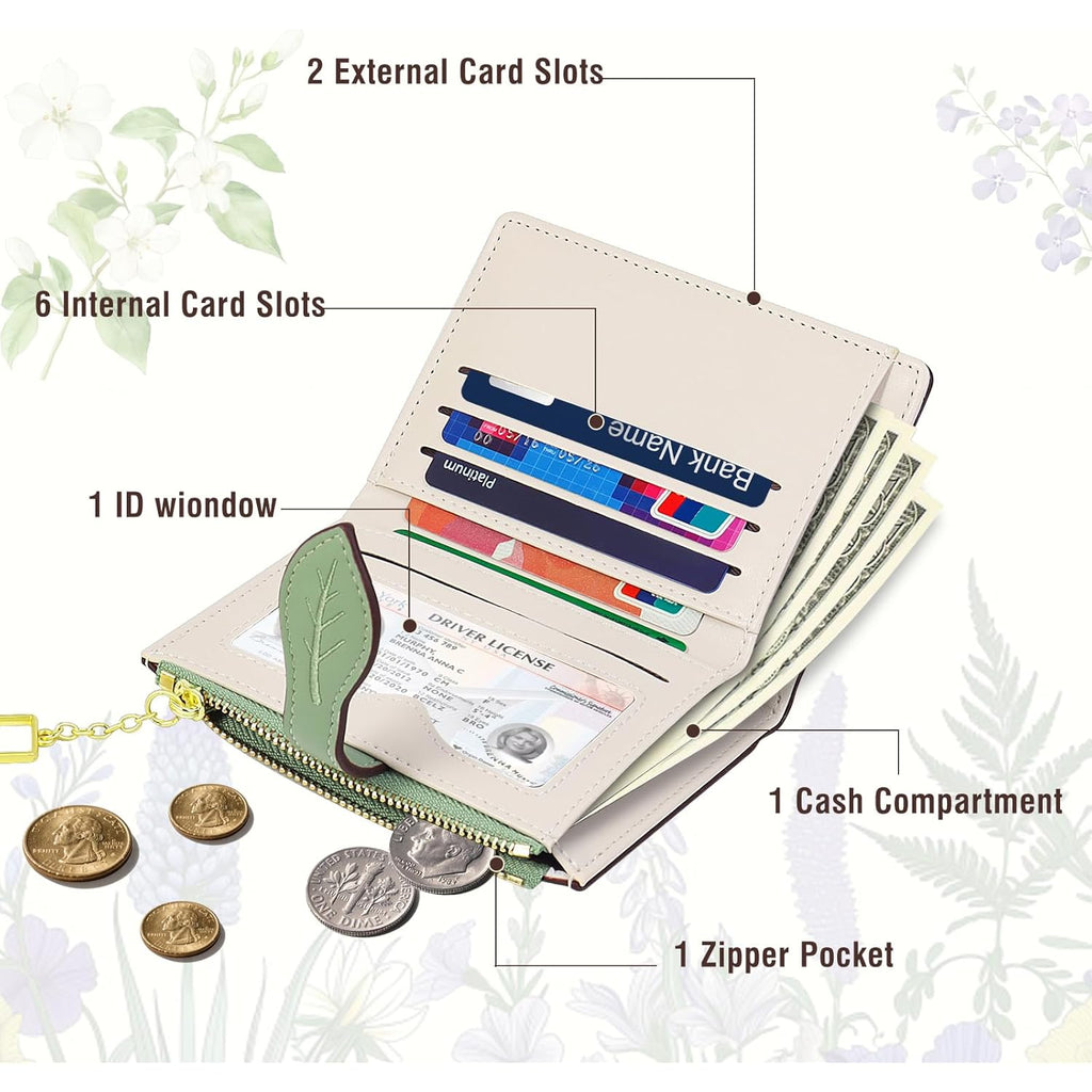 Wallets for Women- RFID Blocking- Soft PU Leather Bifold Coin Zipper Pocket Purse-Small flower wallet Credit Card Holder with ID Window (Green)