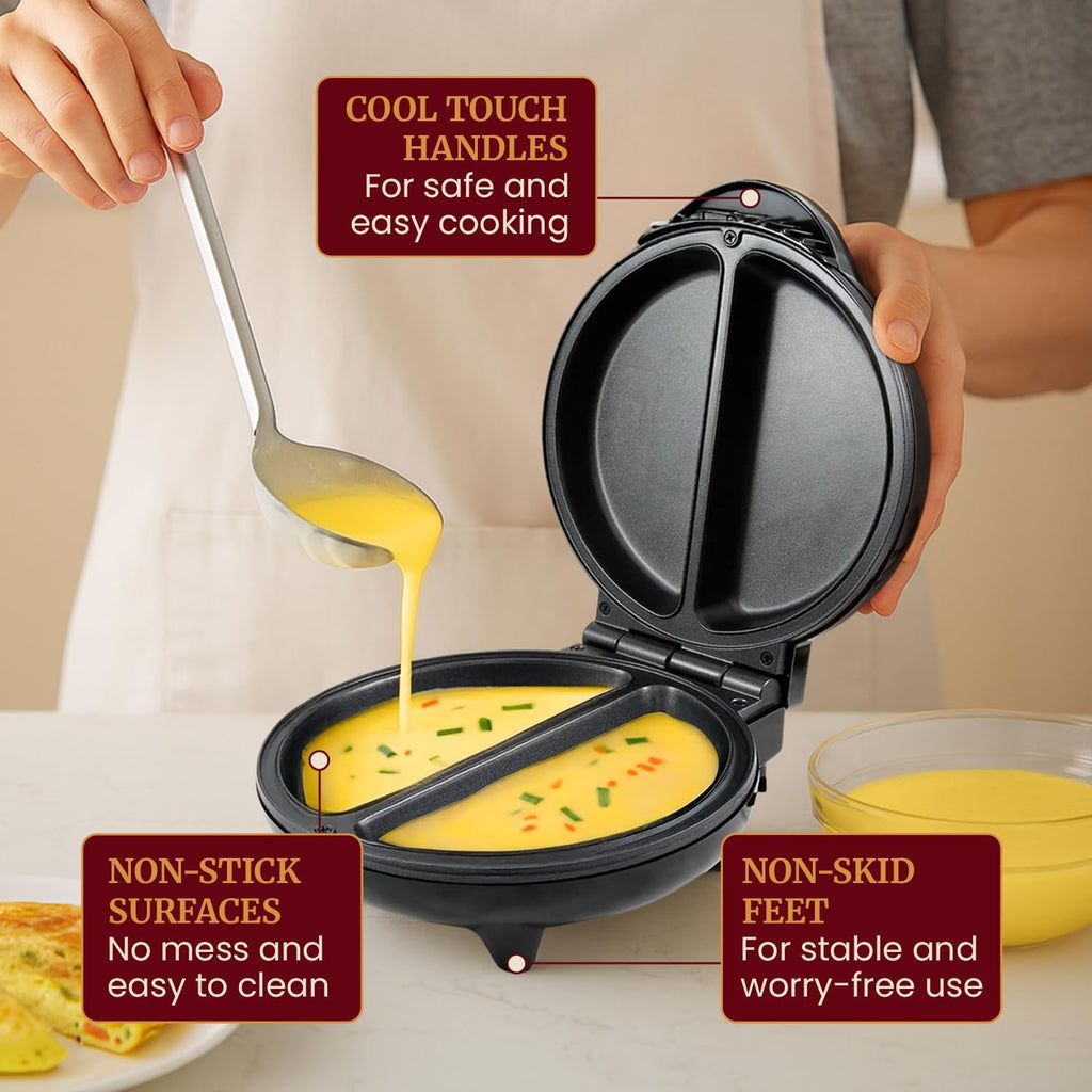 Elite Gourmet EOM205 Non-Stick Omelet Frittata Snack Pocket Maker for 2 Individual 6.5" Omelets, Stainless Steel and Black