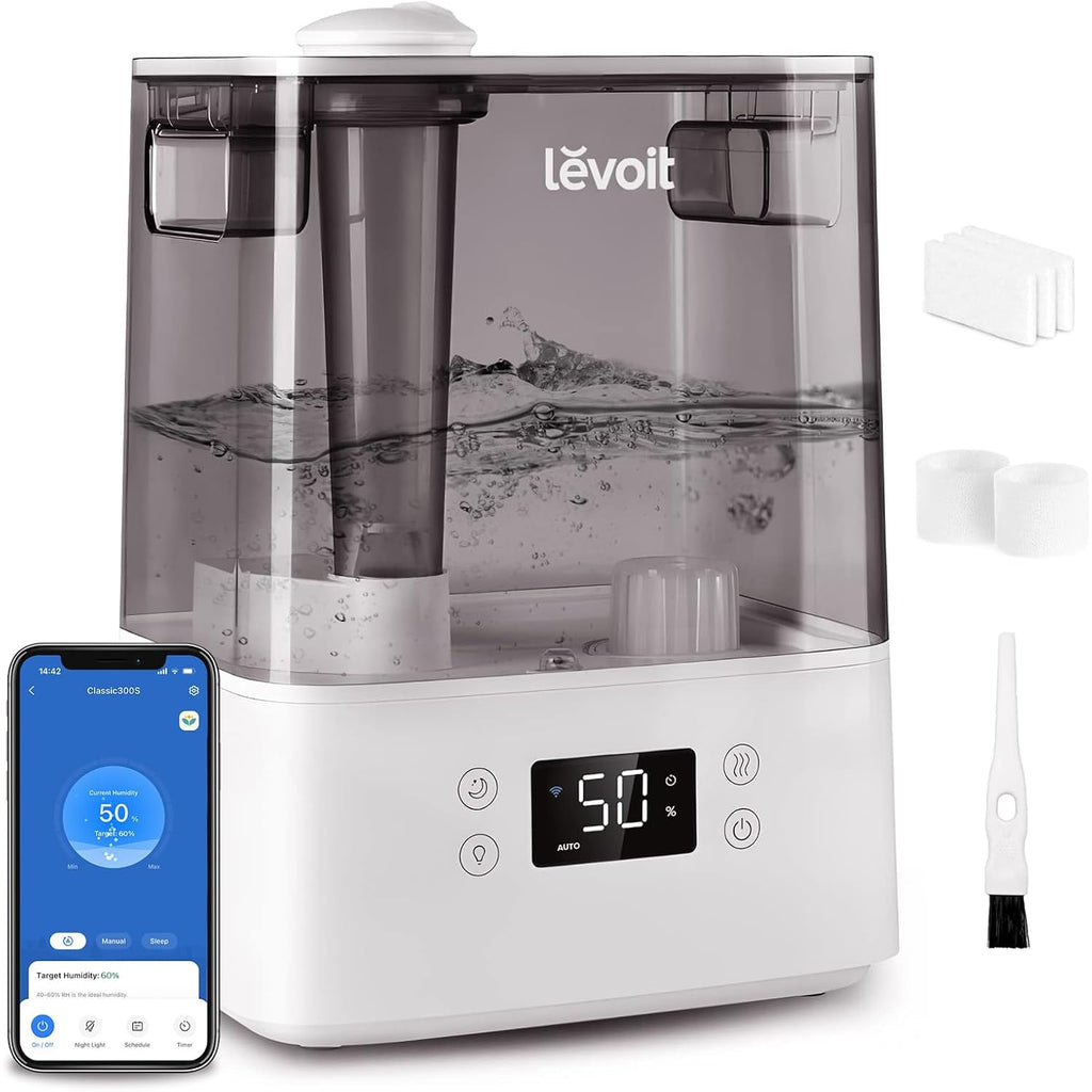 Levoit Humidifiers For Bedroom Large Room, 6L, 60H Runtime, 26Db, Smart App | Top Fill Cool Mist Humidifier For Baby & Plants, Easy To Clean, Essential Oil, Rapid Humidification & Auto Mode, Sleep Mode