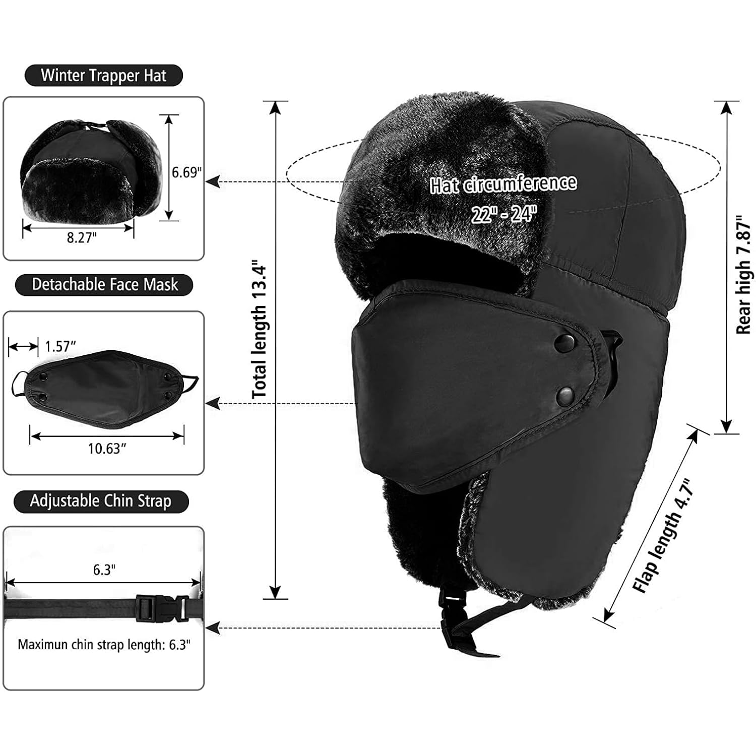 TZ Promise Unisex Winter Trapper Russian Hats with Face Mask Earflaps Faux Fur Outdoor