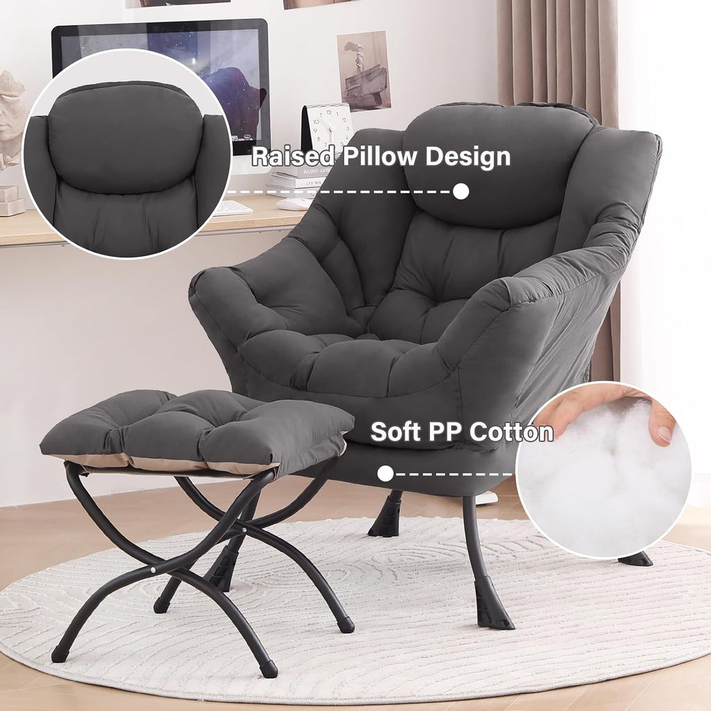 Lazy Chair With Ottoman, Gray Modern Large Accent Chairs, Comfy Leisure Sofa Armchair With Ottoman, Reading Chair With Footrest For Bedroom, Living Room, Dorm Rooms, Garden Dark Grey