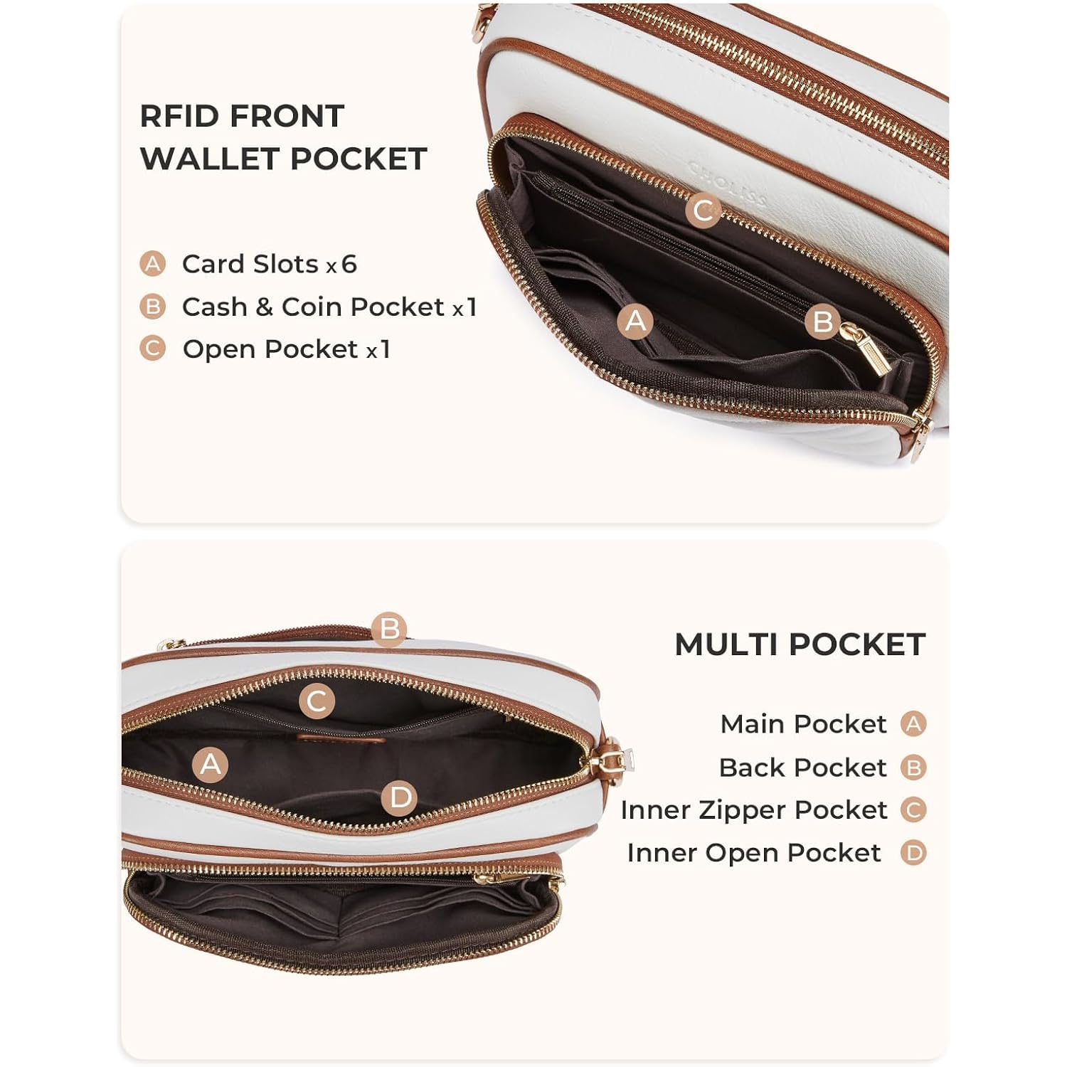 Choliss Quilted Crossbody Bags For Women Rfid Vegan Leather Travel Purse Small Shoulder Handbags With Built In Wallet