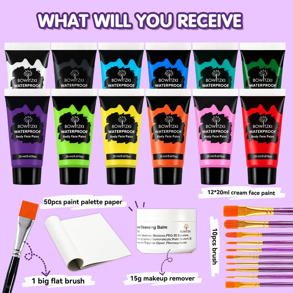 Bowitzki 12 Color Face Paint Set Waterproof & Smudge Proof, Sweatproof Cream Body Face Painting Makeup For Halloween, Carnival, Cosplay Party