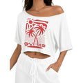 Kistore Off The Shoulder Tops for Women Going Out Short Sleeve Crop Top Boat Neck Loose T Shirt B Coconut Tree Print