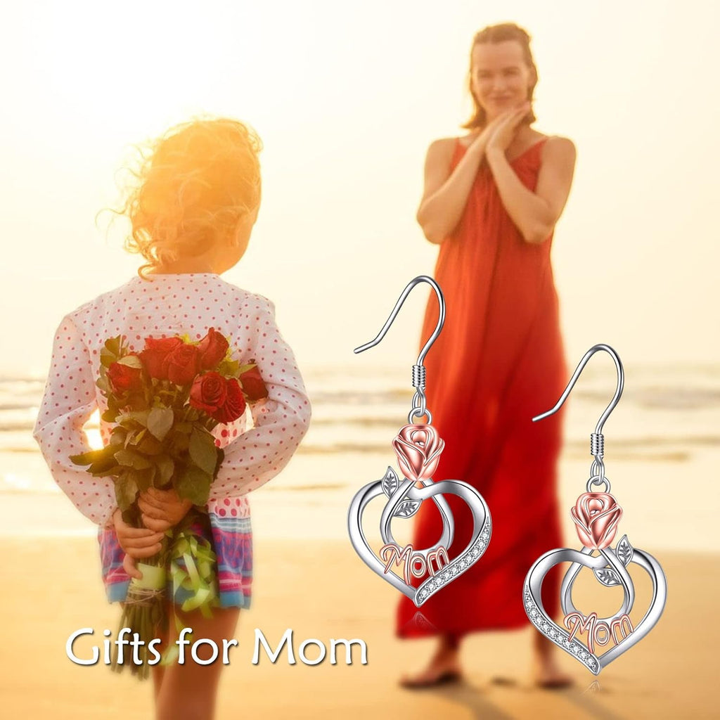 Mothers Day Gifts for Mom Mom Earrings with Rose Flower Love Heart 925 Sterling Silver Crystal Dangle Drop Hook Earrings Jewelry
