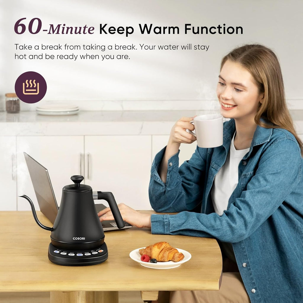 Cosori Electric Gooseneck Kettle with 5 Temperature Control Presets, Pour Over Kettle for Coffee & Tea, Hot Water Boiler, 100% Stainless Steel Inner Lid & Bottom, 1200W, 0.8L, Black