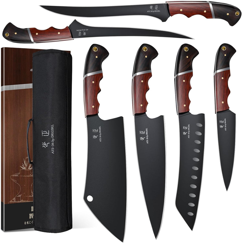 DRGSKL Kitchen Knife Set with Bag - 6 PCS Chef Knives Set - Cleaver, Boning, Fillet, Santoku, Kitchent Utility Knives, Chef Knife with Full Tang Wooden Handle, Gifts for Mom