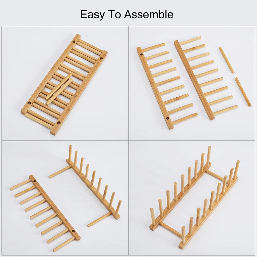 Hblife 2Pcs Bamboo Dish Plate Bowl Cup Book Pot Lid Cutting Board Drying Rack Stand Drainer Storage Holder Organizer Kitchen Cabinet（Keep Dry）