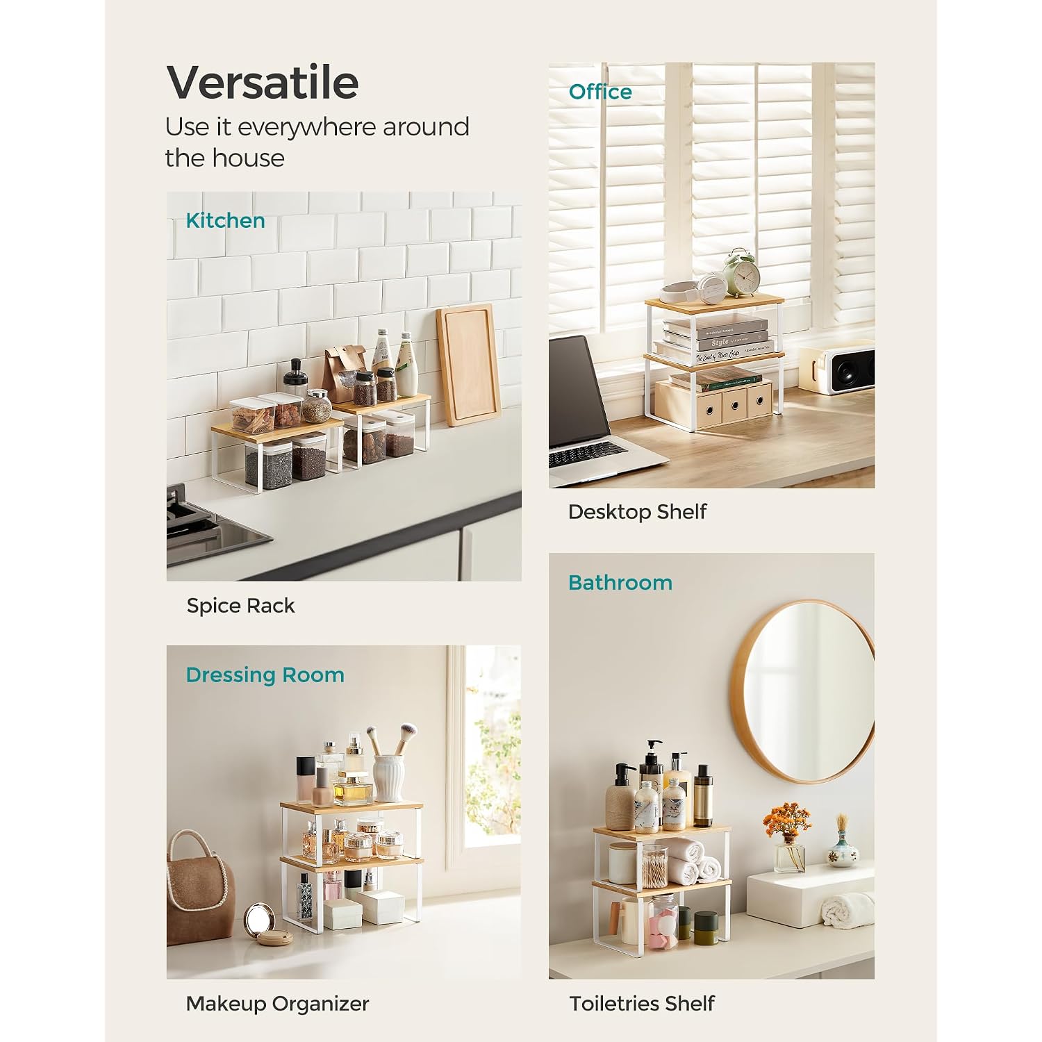 Songmics Cabinet Organizer Shelf, Set Of 4 Kitchen Counter Shelves, Kitchen Storage, Spice Rack, Stackable, Expandable, Metal And Engineered Wood, Cloud White And Natural Beige Ukcs010N01