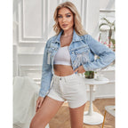 Women’S Crop Denim Jacket Tassel Casual Jean Coat With Fringe
