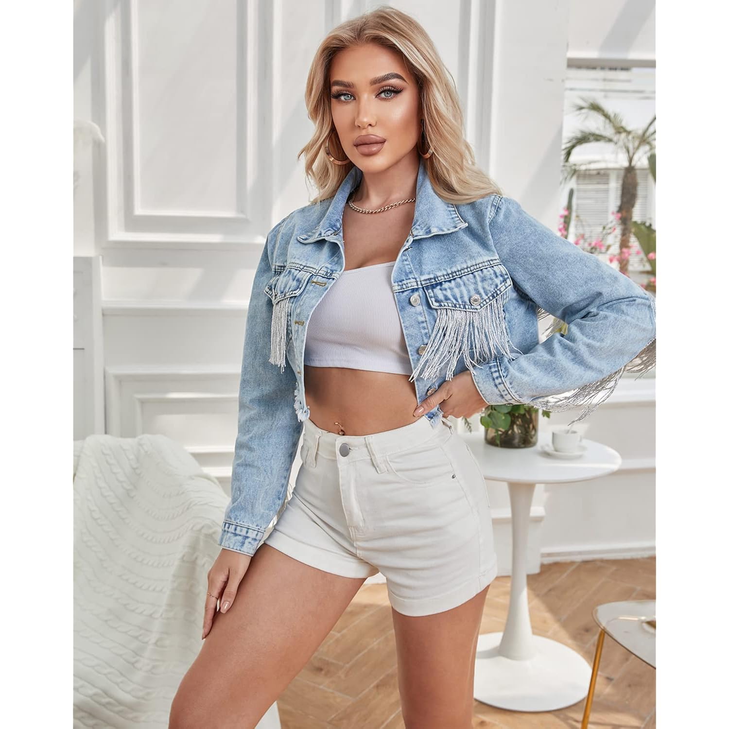 Women’S Crop Denim Jacket Tassel Casual Jean Coat With Fringe