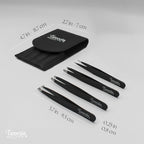 TWEEZIA Stainless Steel Tweezer Set - 4 Precision Tweezers with Mirror & Leather Case - Ideal Eyebrow Kit, Ingrown Hair Tweezers, Splinter Removal Kit or Pointed Tweezers for Beauty and Personal Care