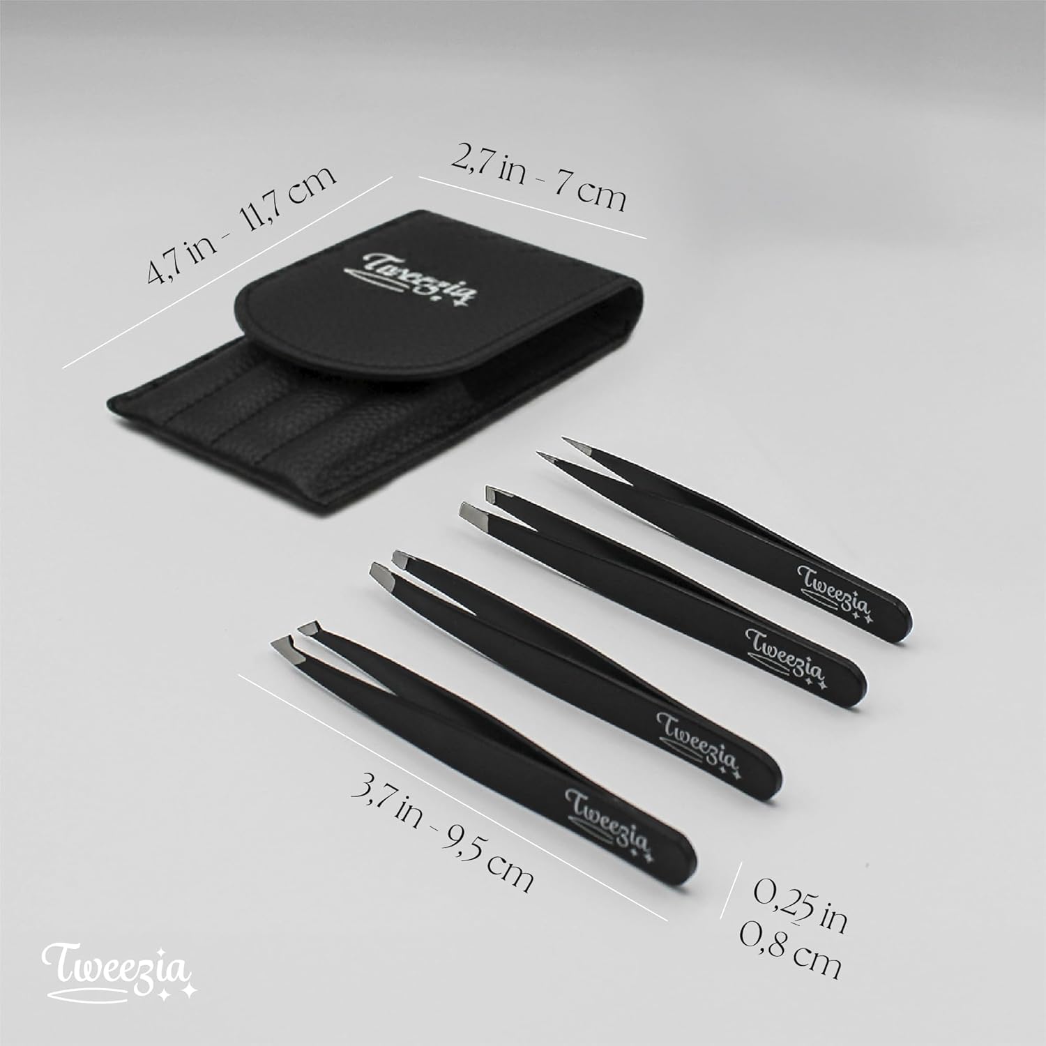 TWEEZIA Stainless Steel Tweezer Set - 4 Precision Tweezers with Mirror & Leather Case - Ideal Eyebrow Kit, Ingrown Hair Tweezers, Splinter Removal Kit or Pointed Tweezers for Beauty and Personal Care