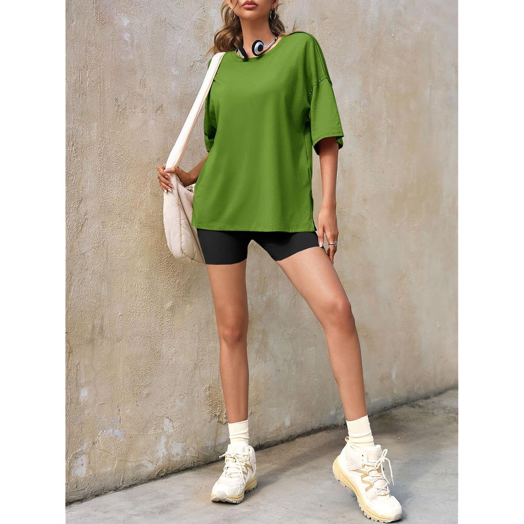 Tankaneo Womens Polka Dot Oversized Tshirts Summer Casual Short Sleeve Crew Neck T Shirt Loose Fit Side Slit Tee Tops