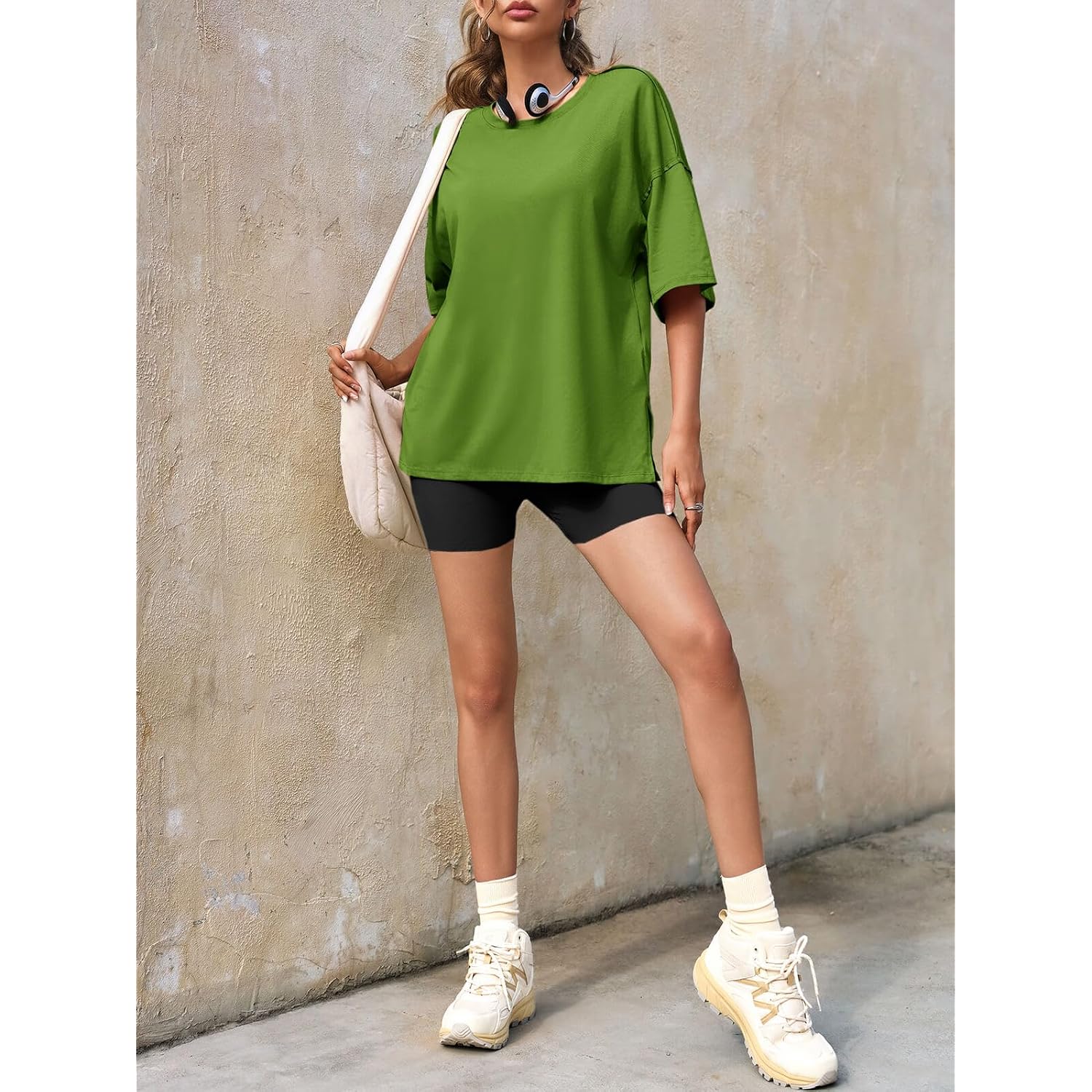 Tankaneo Womens Polka Dot Oversized Tshirts Summer Casual Short Sleeve Crew Neck T Shirt Loose Fit Side Slit Tee Tops