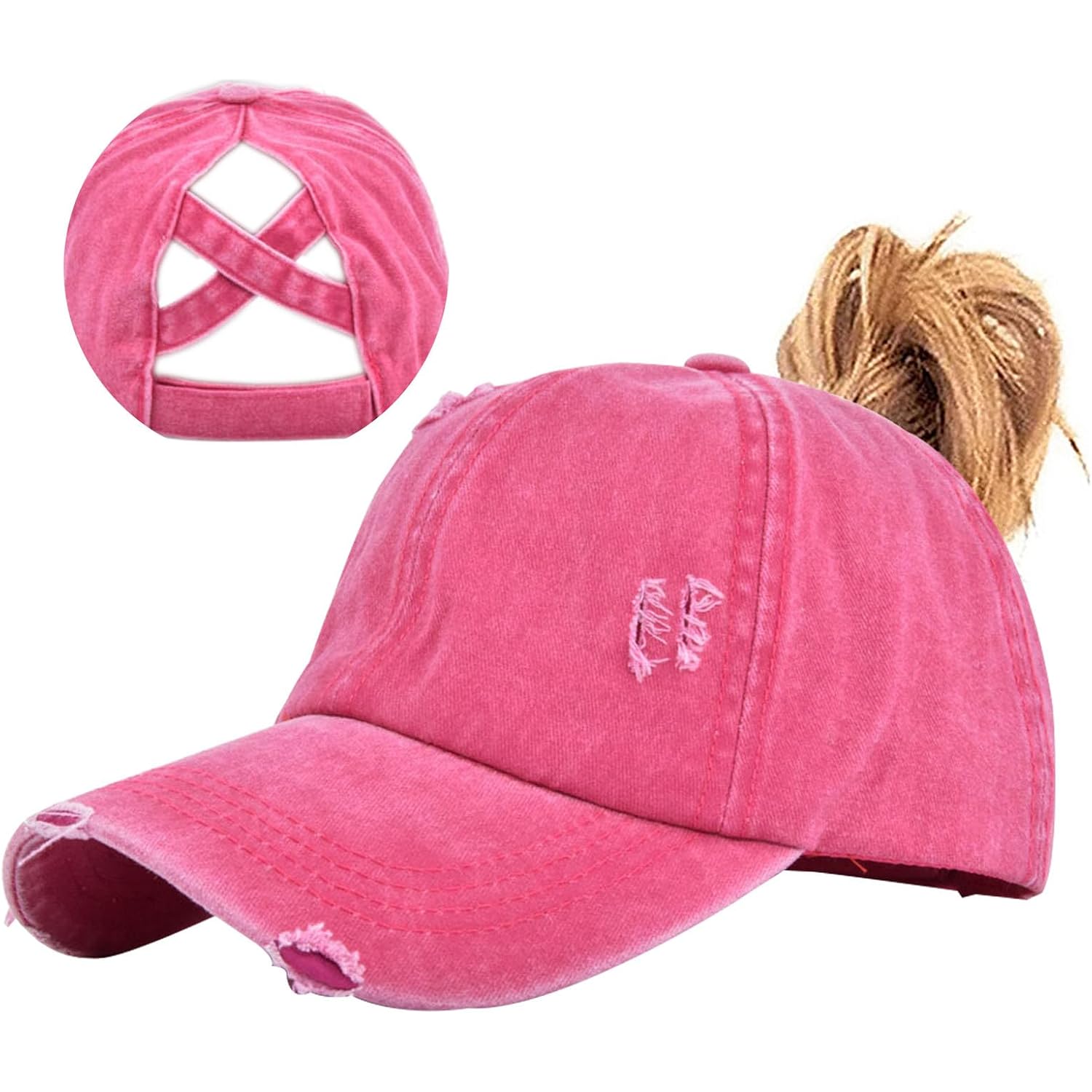 Enwokran Women Ponytail Hat Baseball Cap, Adjustable Criss Cross Messy Buns Ponycaps High Bun Cotton Distressed Hats