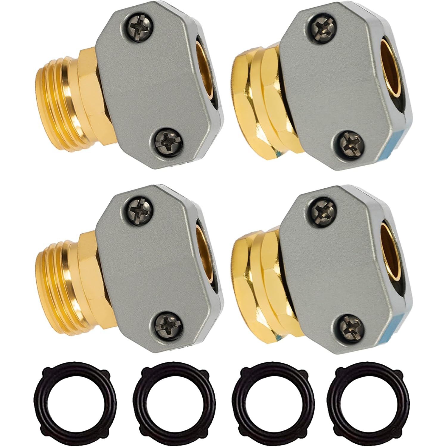 Hourleey Garden Hose Repair Kit, 2 Sets Aluminum Alloy Garden Hose End Mender, Male And Female Water Hose Repair Fittings, Fit 5/8" And 3/4" Connector, With 4 Extra Hose Washers