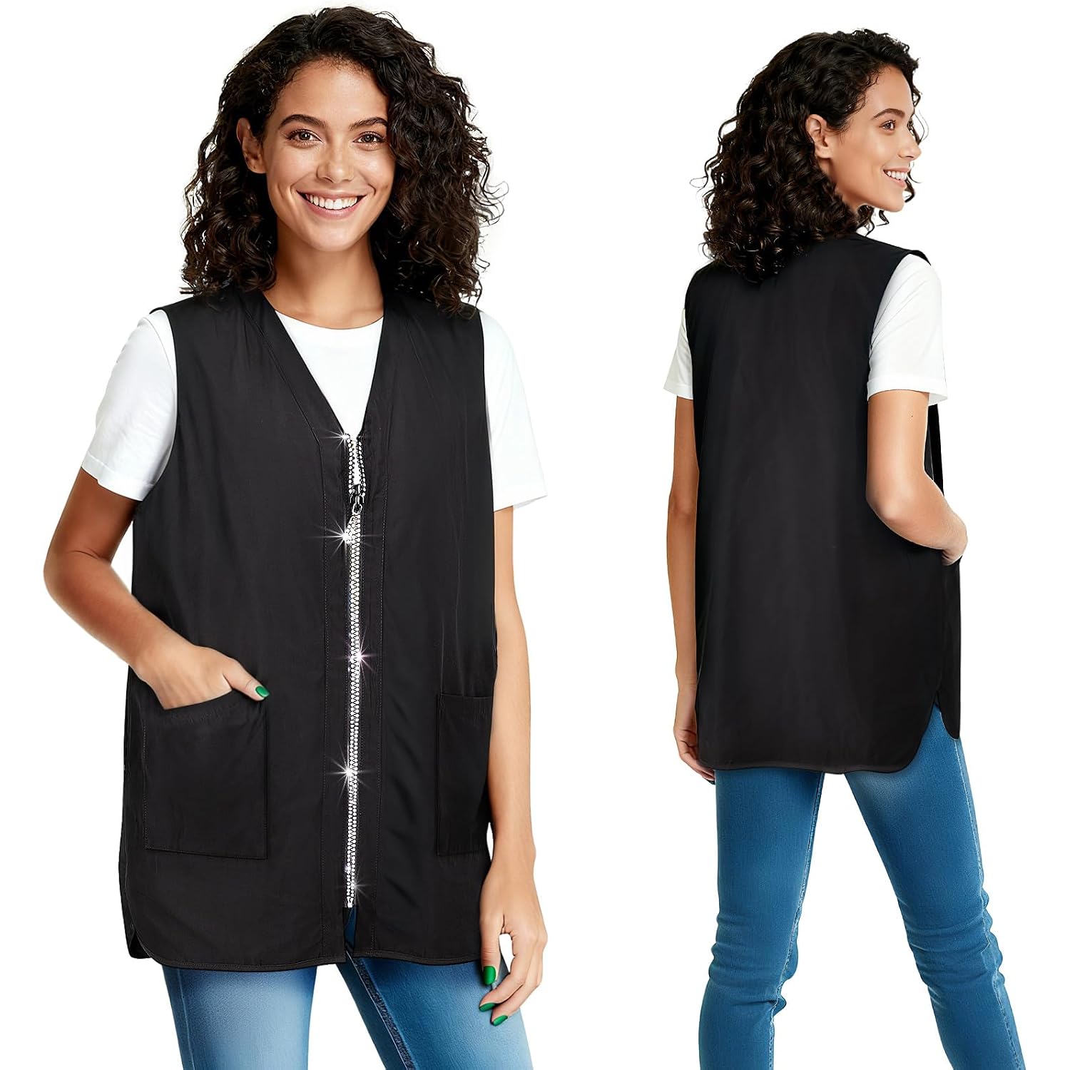Noverlife Glitz Rhinestone Closure Stylist Vest, V-Neckline Baber Smock Zip Up Vest With 2 Front Pockets For Hair Salon