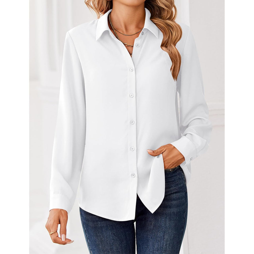 Women Blouses Chiffon Long Sleeve Button Down Shirts Business Causal Dressy Work Top V Neck Summer Spring Clothes