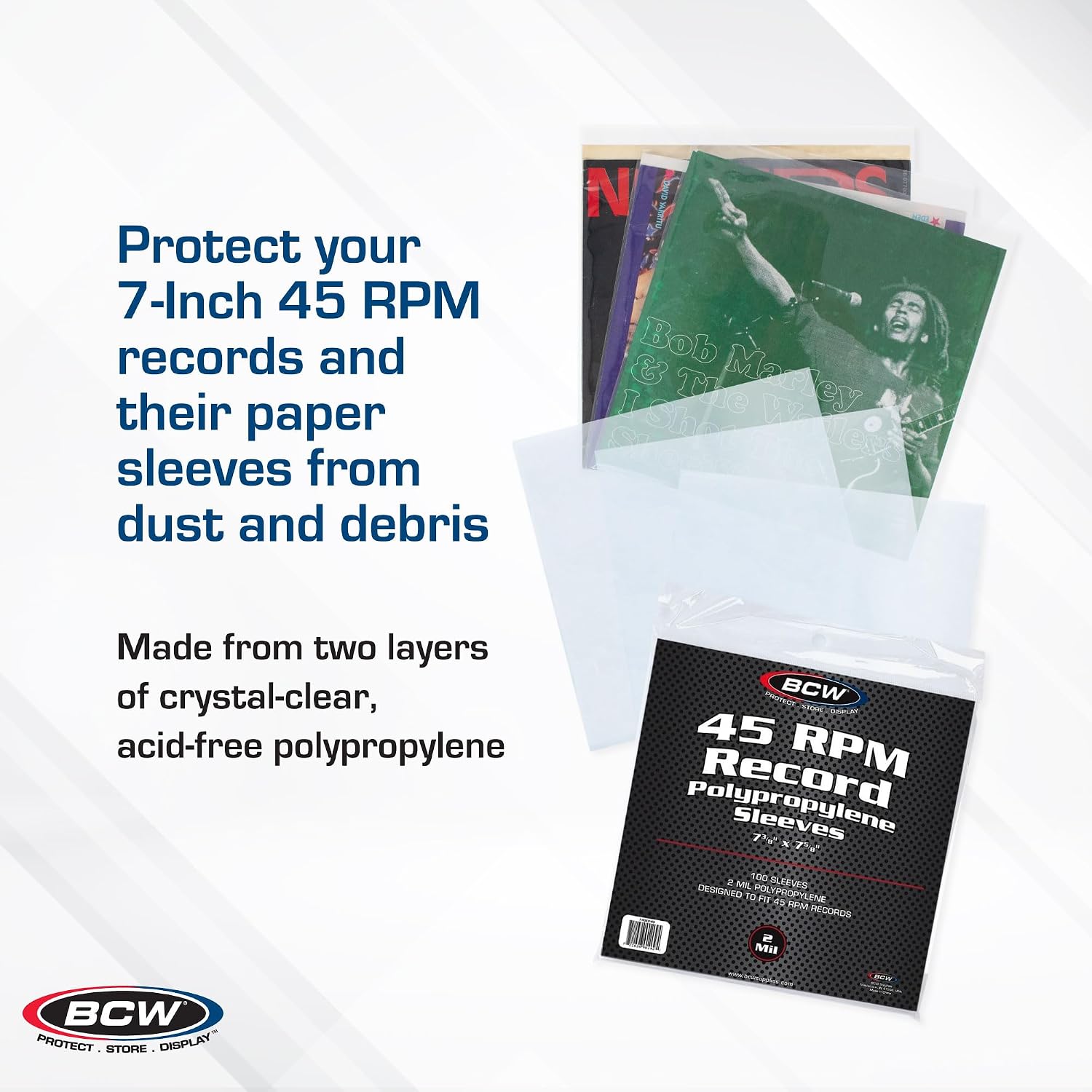 Bcw 45 Rpm Record Sleeves - 100 Count | Fits Standard 7 Inch Single 45S | Snug-Fit 2 Mil Polypropylene Outer Sleeves | Archival Plastic Covers For Vinyl Record Storage And Protection