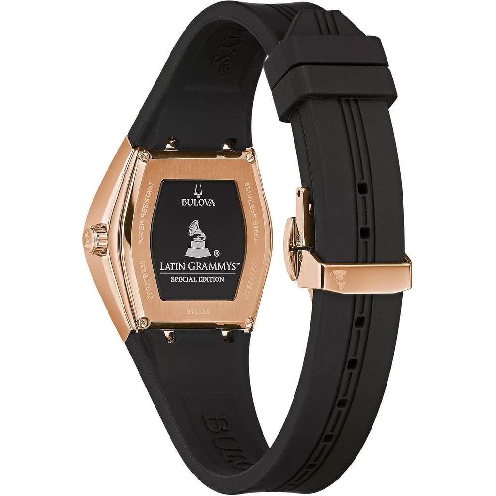Bulova Latin Grammy Gemini Quartz Rose Gold Stainless Steel Accent With Curved Mineral Crystal And Black Silicone Strap Watch, Ladies