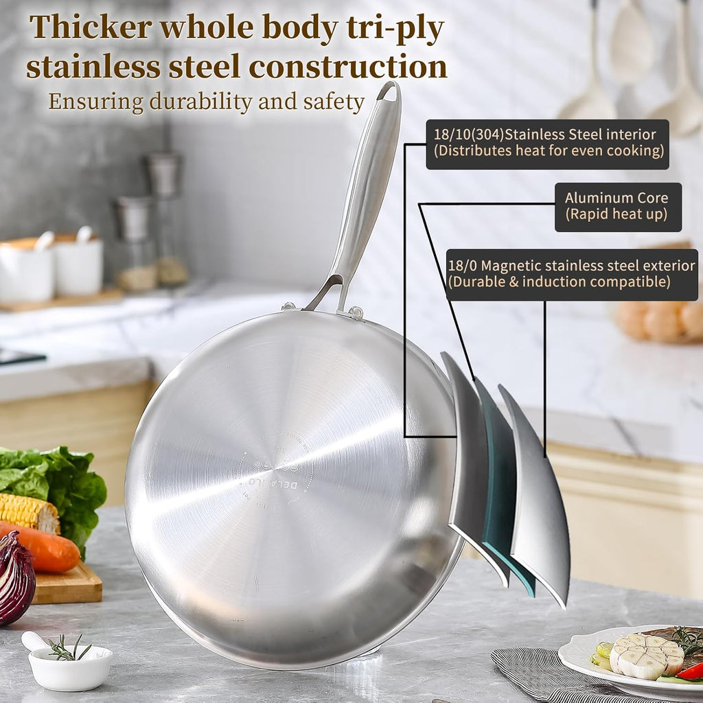Delarlo Tri-Ply Stainless Steel Pan, 18/10 Frying Pan, Oven Safe Up To 600°F, Nontoxic Cookware, Compatible With All Cooktops Skillet, Durable, Fast Even Heat Fry Pan,12 Inch Pan With Glass Lids