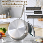 Delarlo Tri-Ply Stainless Steel Pan, 18/10 Frying Pan, Oven Safe Up To 600°F, Nontoxic Cookware, Compatible With All Cooktops Skillet, Durable, Fast Even Heat Fry Pan,12 Inch Pan With Glass Lids