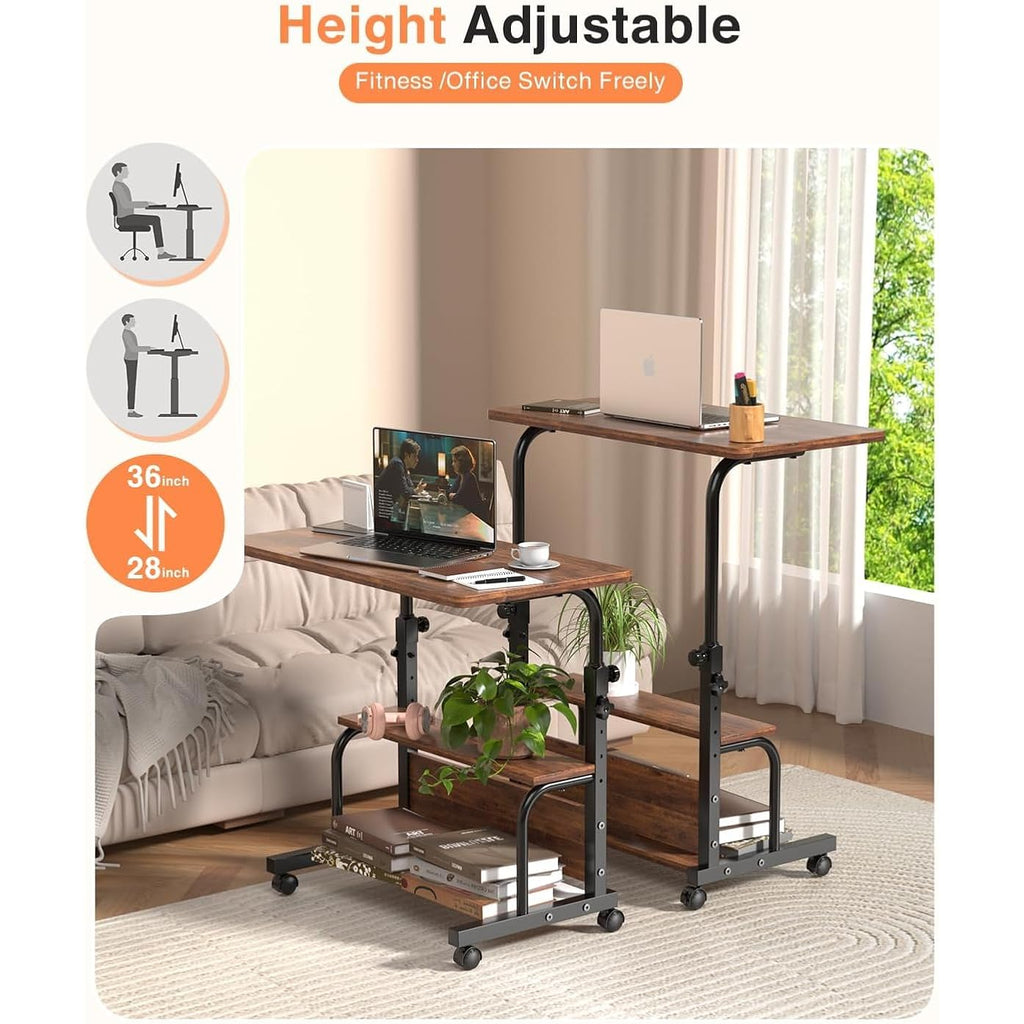 QZMDSM Portable Rolling Desk on Wheels Adjustable Height Desks for Small Spaces, 32" Computer Desk Drafting Tables with Storage Shelves for Home Office Rustic