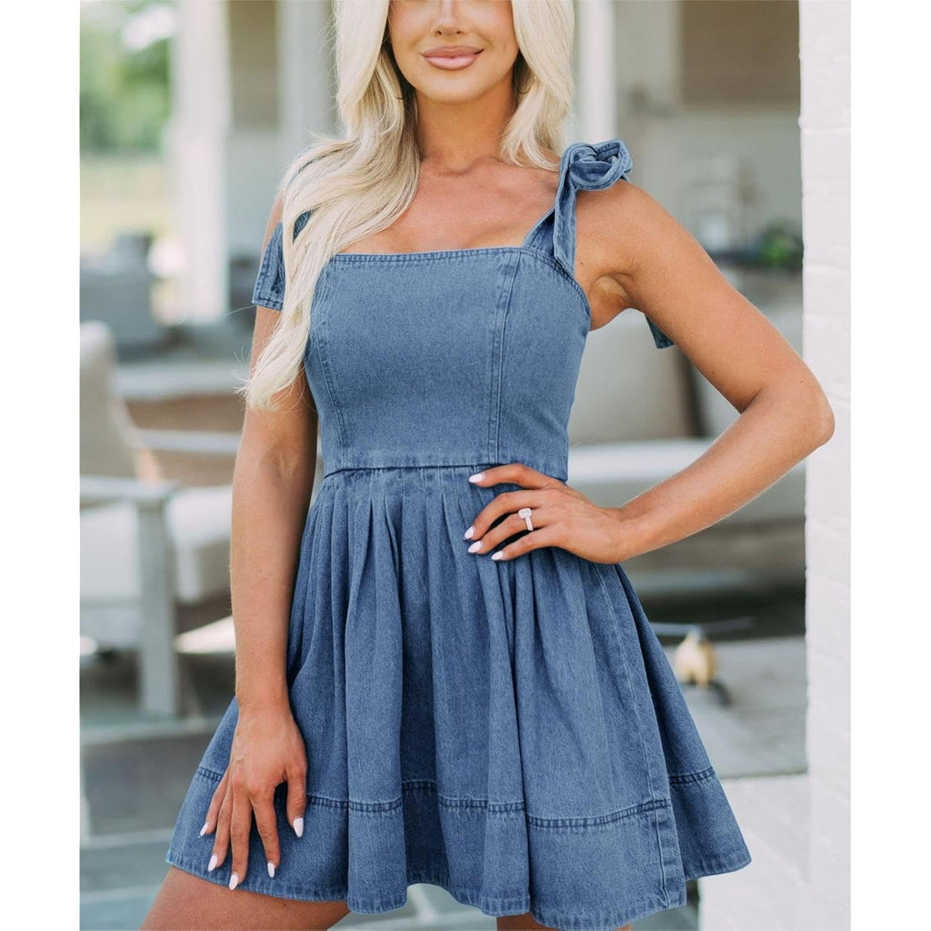 Women'S Summer Tie Shoulder Sleeveless Denim Mini Dress Casual Flowy Swing Pleated Short Denim Dress