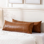 Fancy Homi Brown Boho Long Lumbar Faux Leather Body Decorative Throw Pillow Cover 14X36 Inch For Bedroom Couch Bed Sofa Bench, Hand Stitched Stylish Pillowcase, Rustic Modern Farmhouse Room Decor