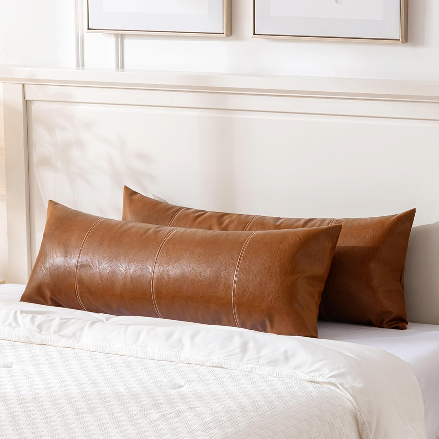 Fancy Homi Brown Boho Long Lumbar Faux Leather Body Decorative Throw Pillow Cover 14X36 Inch For Bedroom Couch Bed Sofa Bench, Hand Stitched Stylish Pillowcase, Rustic Modern Farmhouse Room Decor