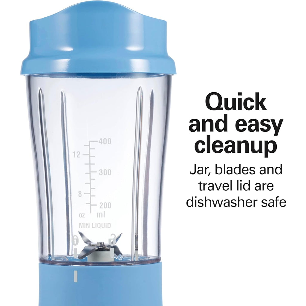 Hamilton Beach Portable Blender for Shakes and Smoothies, 14 Oz BPA Free Travel Cup & Lid, Durable Stainless Steel Blades, Personal Smoothie Blender, Tranquil Blue (51172)
