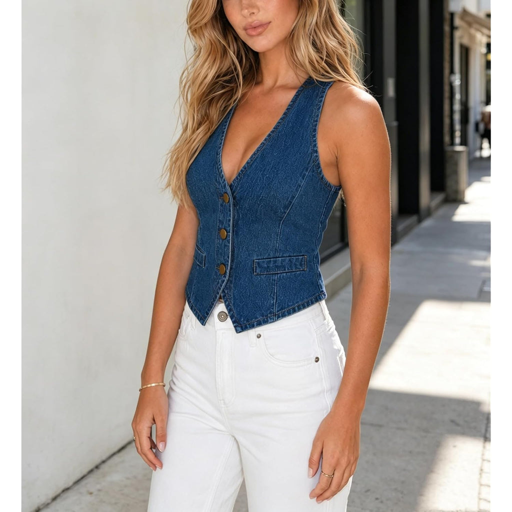 Womens Denim Vest Sleeveless V Neck Jean Vest Top Suit Waistcoat