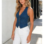 Womens Denim Vest Sleeveless V Neck Jean Vest Top Suit Waistcoat