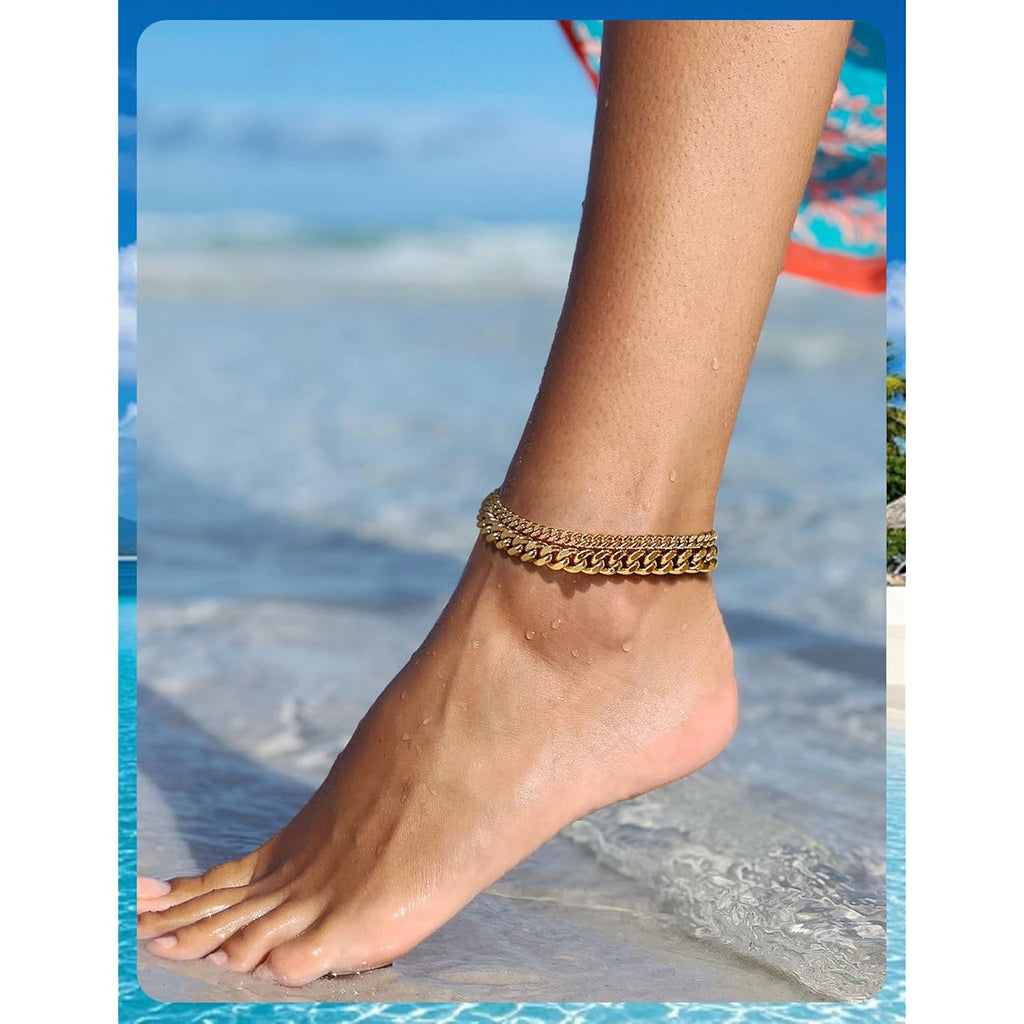 Gold Ankle Bracelets for Women - Waterproof 14K Gold Plated Dainty Cuban Link Chain Anklets, Adjustable Non-Tarnish Layered Anklet Set for Beach Vacation & Everyday Wear, Perfect Jewelry Gift