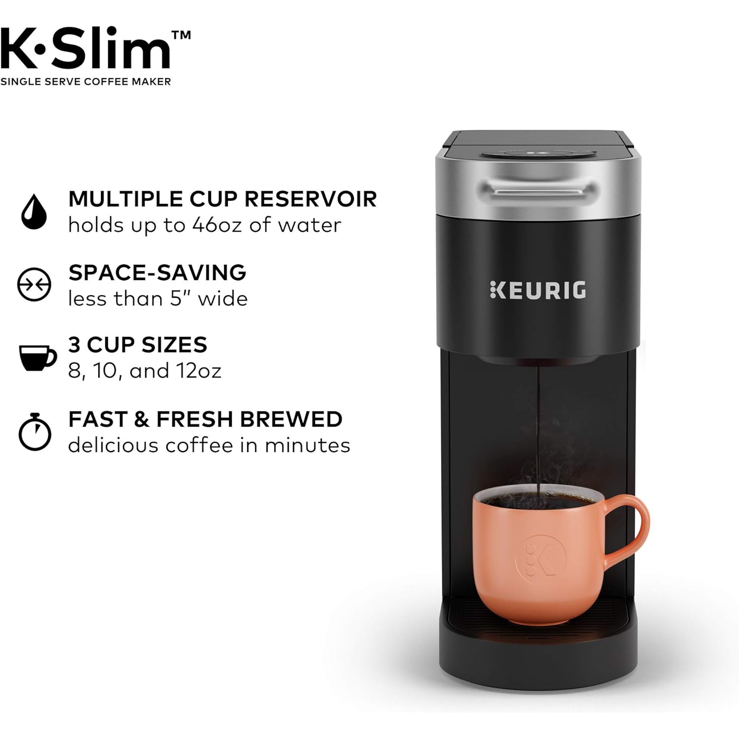 Keurig K-Slim Single Serve K-Cup Pod Coffee Maker, Multistream Technology, 3 Brew Sizes, Slim and Sleek Design, 46oz Removable Reservoir, Black