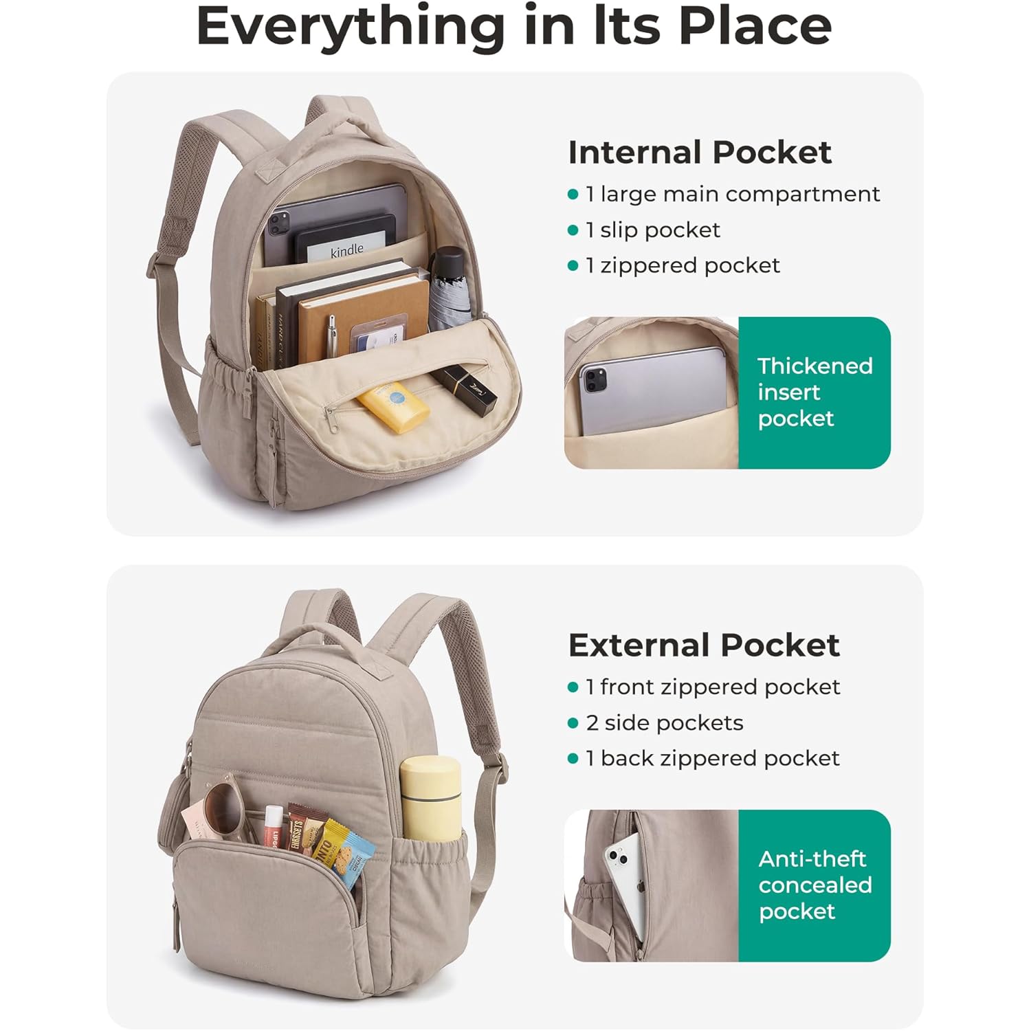BAGSMART Small Backpacks for Women, Lightweight Puffer Mini Backpack Purse with Pouch, Quilted Casual Daypack, Water-Resistant Bookbag for Daily Travel College, 2-in-1 Set, Latte Brown