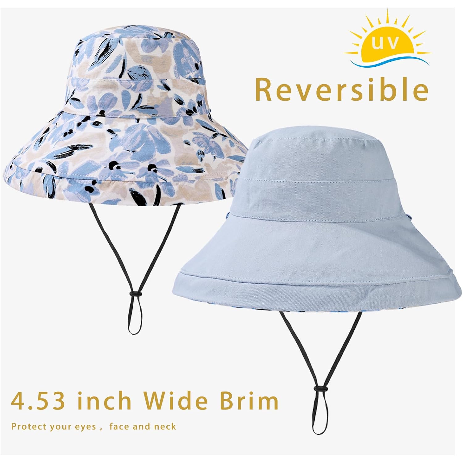 vidsel Womens Sun Hats Wide Brim Reversible Bucket Cotton Hat Packable Summer Travel Cap with Hat Clip,UV Protection Blue