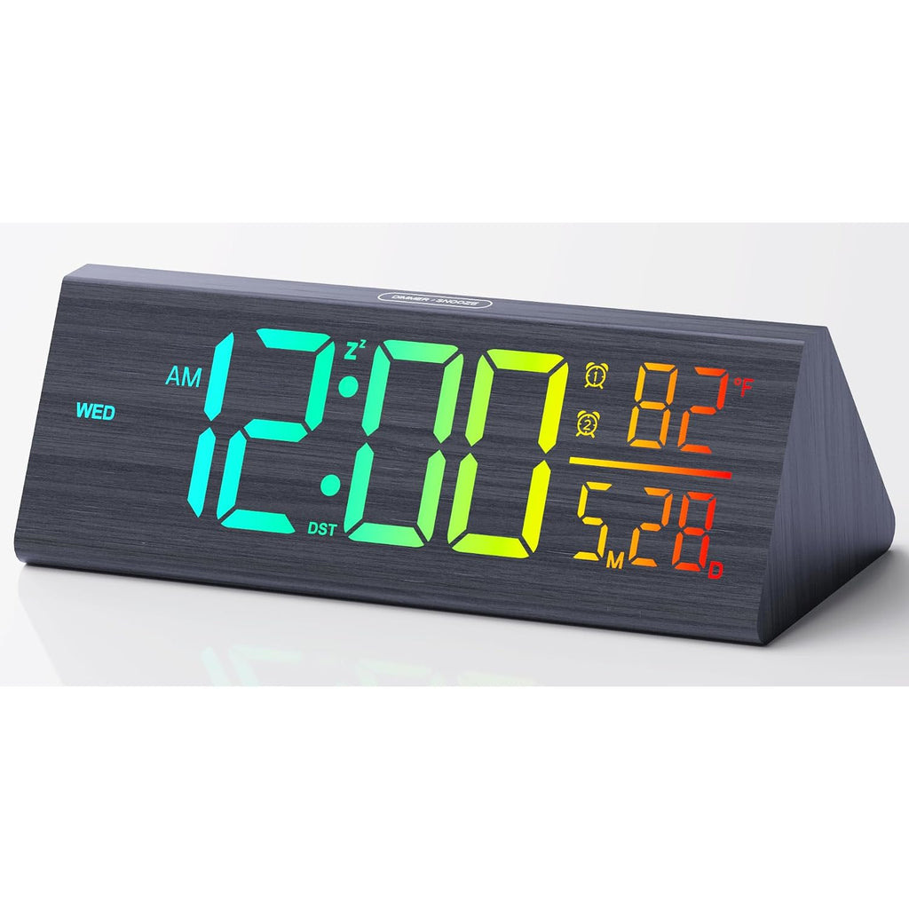 Solid Wood Digital Alarm Clock For Bedroom - 8.8 Inch Large Display, Multicolor Backlight Time Display, Dual Alarms, Date/Temp/Day, Dst, Snooze, Black