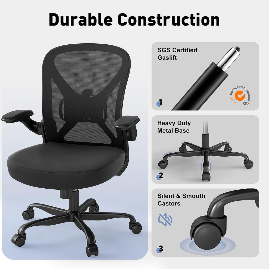 Ergonomic Office Chair With Adjustable Lumbar Support, 300 Lbs Swivel Desk Chair With Flip-Up Arms, Mesh Comfy Padded Seat For Computer And Home, Black