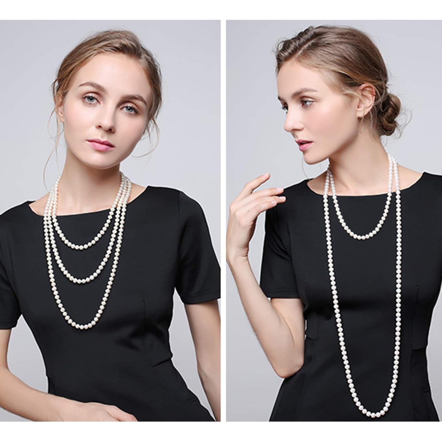 Long Pearl Necklaces for Women Cream White Faux Pearl Strand Layered Necklace Costume Jewelry