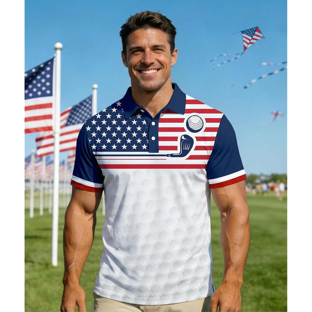 Mens American Falg Polo Shirts Short Sleeve Performance Patriotic Shirt Funny Golf Shirt
